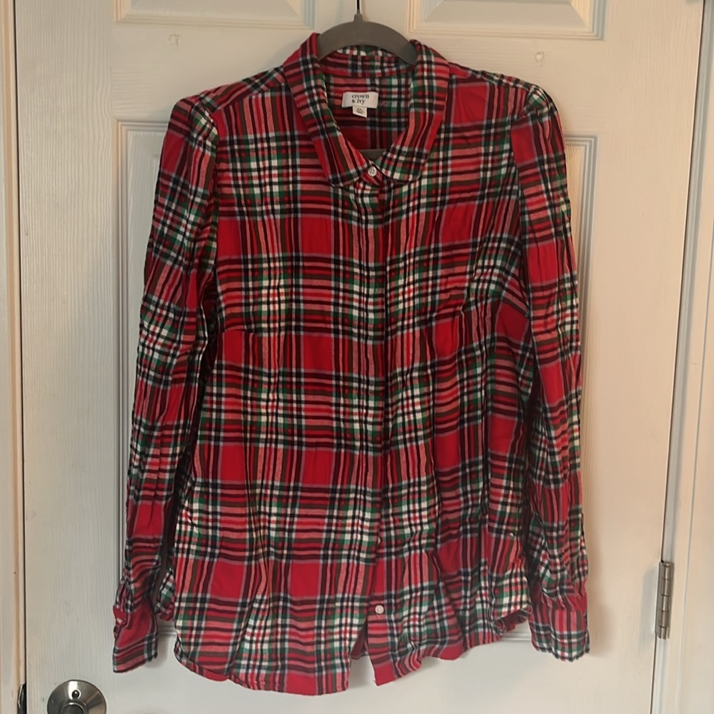 Crown & Ivy Vibrant Red Plaid Blouse